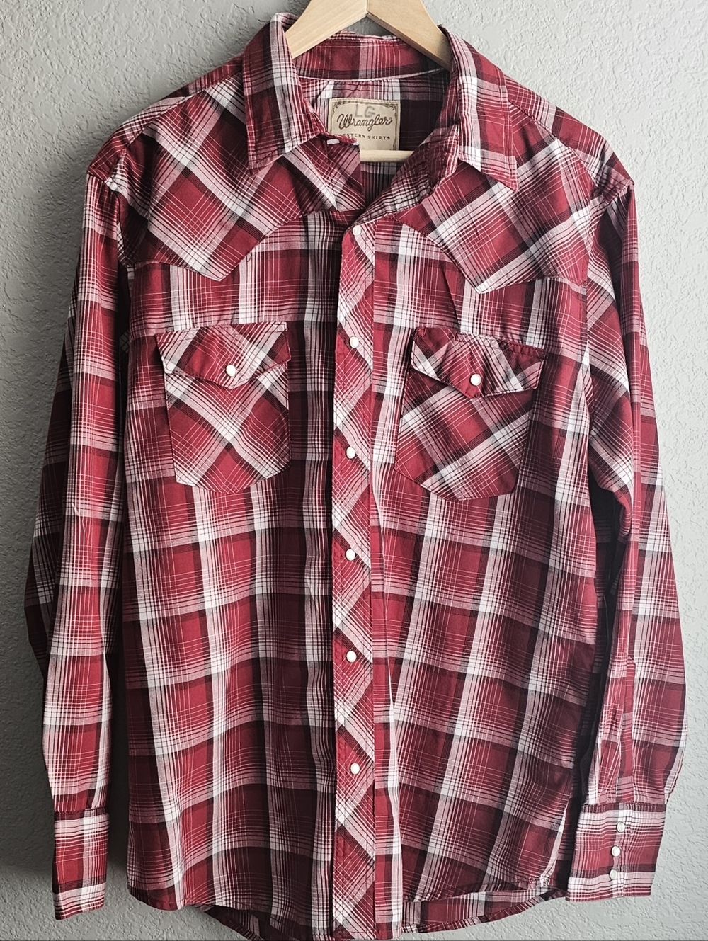 Wrangler Pearl Snap Western Shirt  Plaid Men’s Lg Oversized Cowgirl Rodeo Maroon